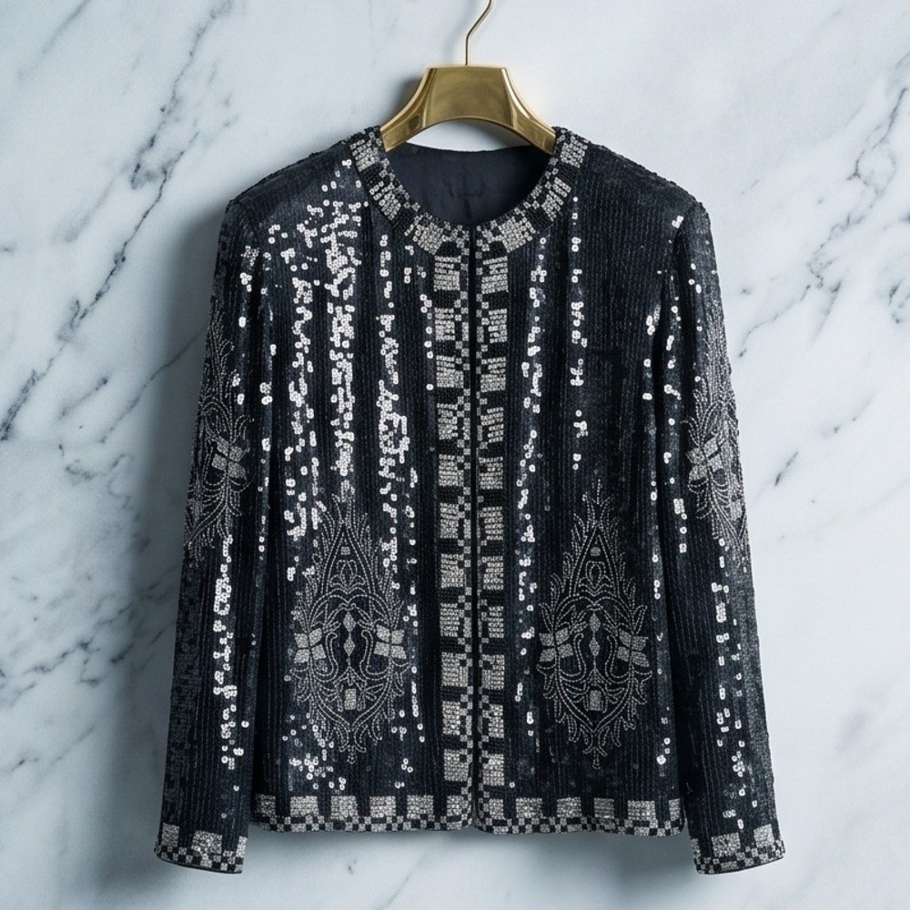 Megere Vintage M Silk Beaded Sequin Jacket Black Silver Paisley Pattern Medium